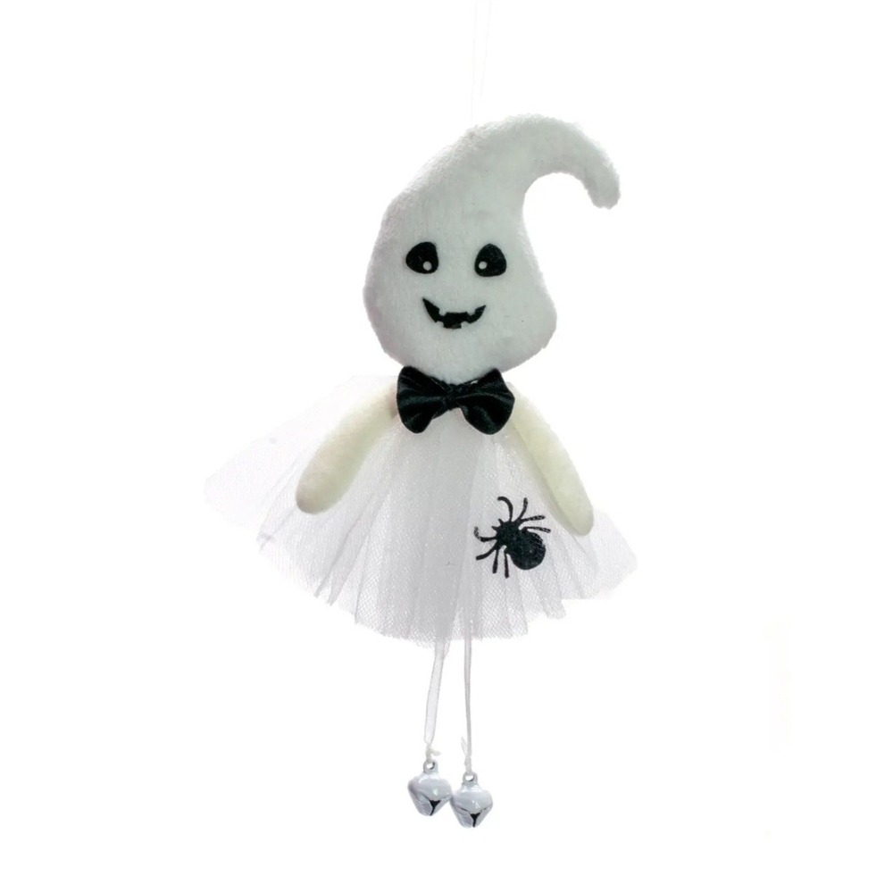 Ornament Ghost Halloween Black‎ Spider White Tulle Skirt Bow Bells NWT
